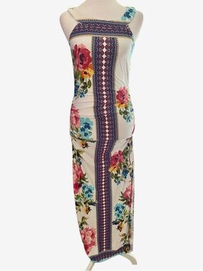 VENUS White Maxi Dress with Multicolor Floral & Navy Border size S